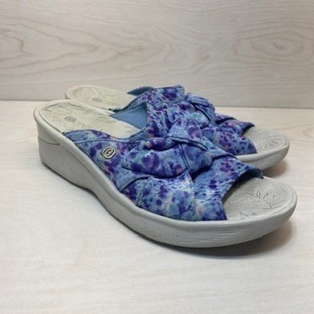 Bzees Womens 9.5M Smile Slide Sandal Tie‎ Dye Purple Blue Comfort Wedge
